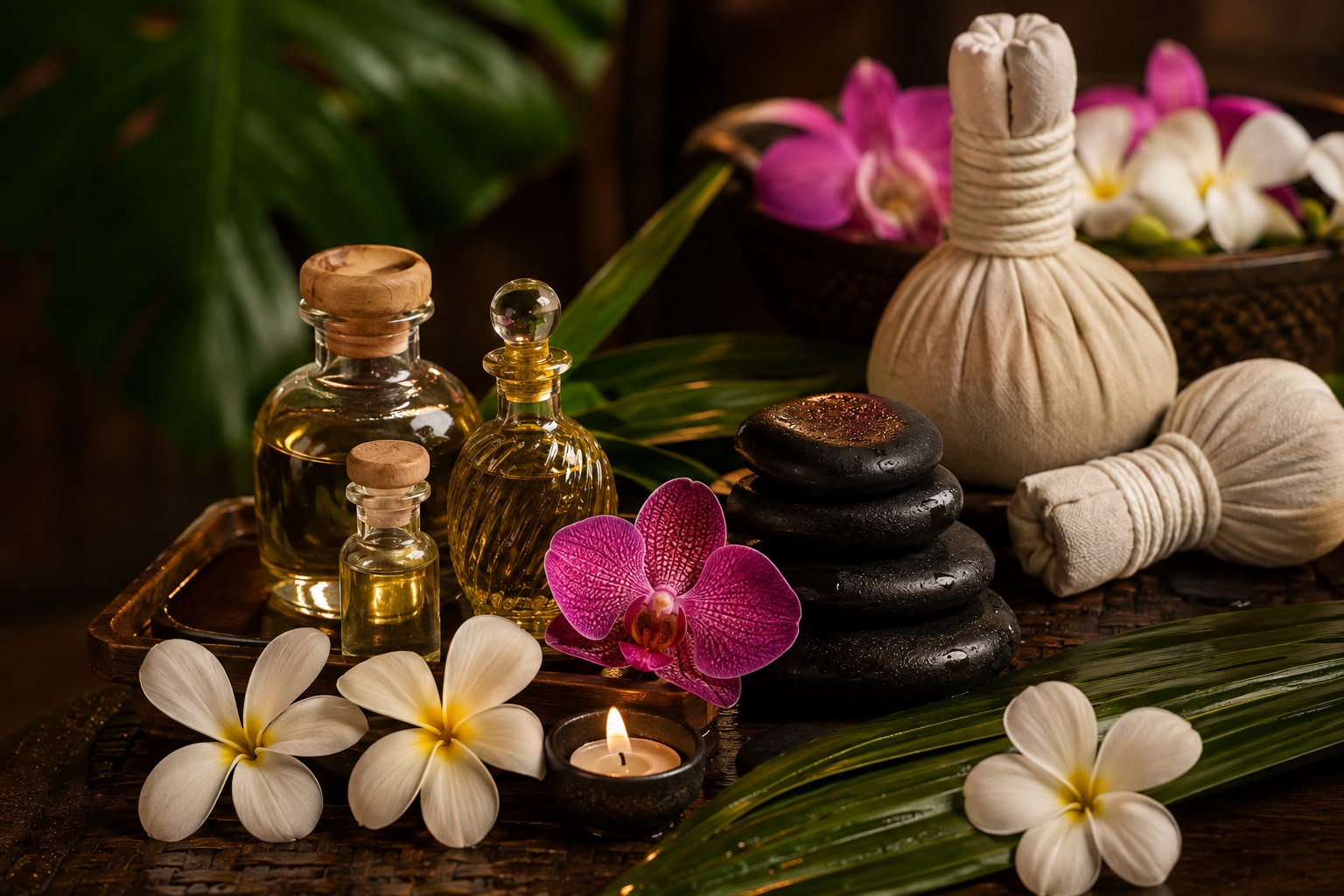 Thai massage oils, herbal compress balls, hot stones, orchids and frangipani by candlelight