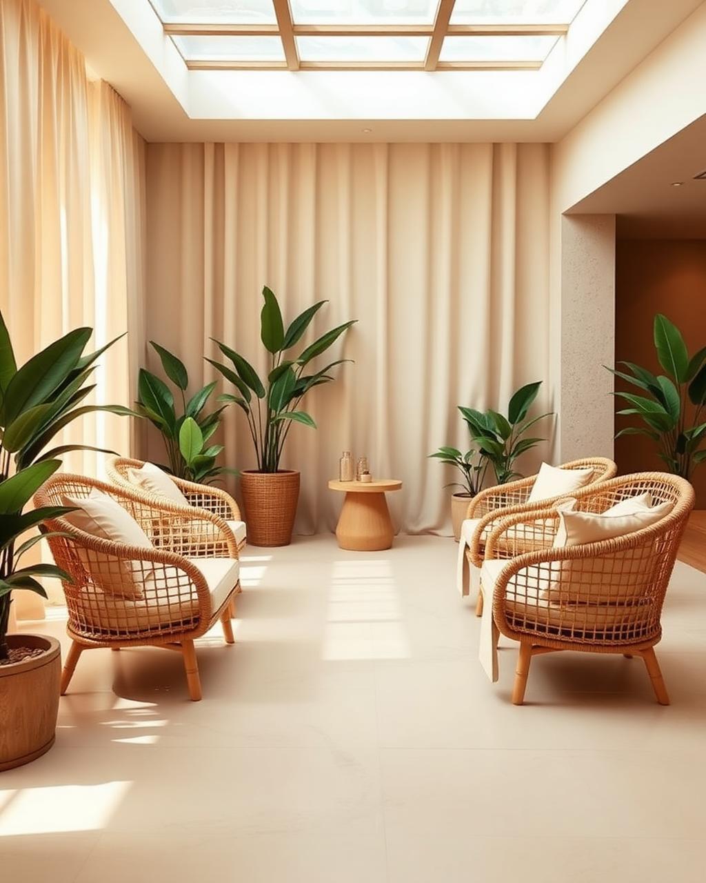 Sunlit relaxation lounge with rattan chairs and green plants