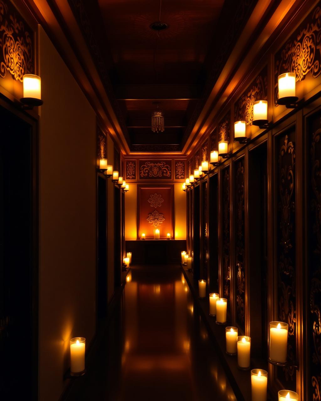 Candlelit spa corridor with carved Thai wooden panels
