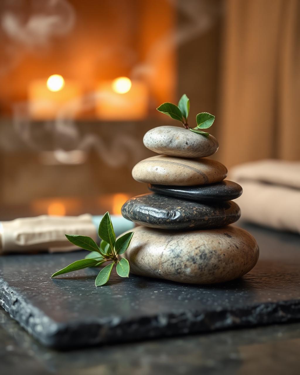 Stacked hot stones with eucalyptus leaves ready for treatment